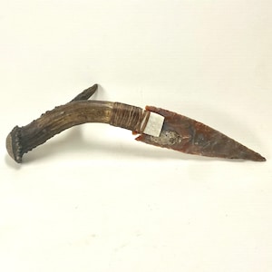 Flint Knapped Agate Knife w/ Antiqued Antler Handle Stone Blade Arrowhead