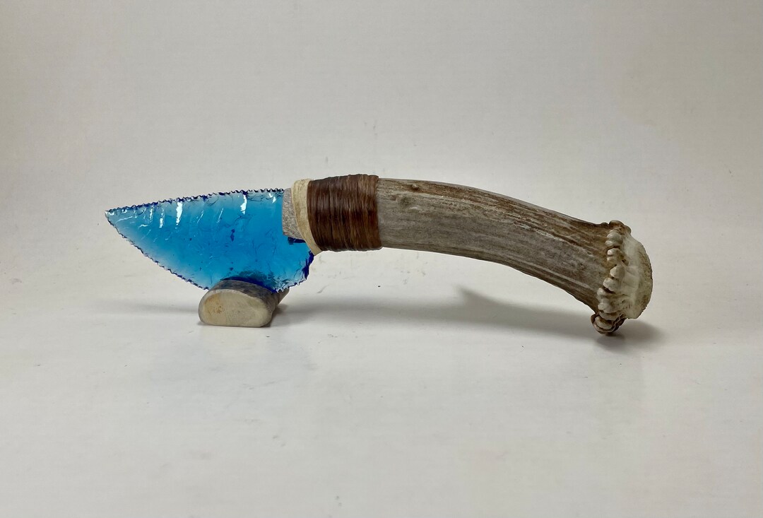 Sapphire Blue Glass Knife W/ Deer Antler Handle Flint Knapping by Bo ...