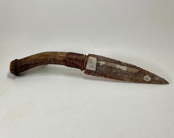 Large Flint Knapped Agate Knife w/ Antiqued Antler Handle Stone Blade Arrowhead