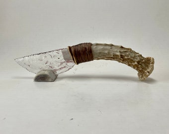 Blood Glass Knife w/ Deer Antler Handle Flint Knapping by Bo Earls