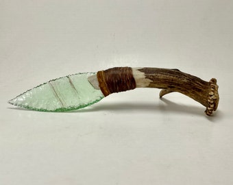 Green Glass Knife: Flint Knapped Sprite Bottle Blade, Deer Antler Handle