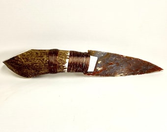 XX-Large Flint Knapped Agate Knife w/ Antiqued Antler Handle Stone Blade Arrowhead