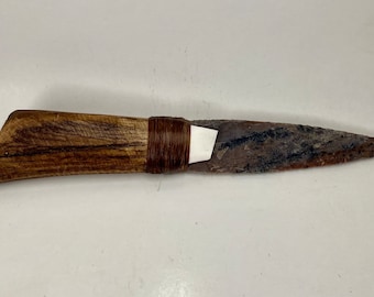 X-Large Flint Knapped Agate Knife w/ Antiqued Antler Handle Stone Blade Arrowhead