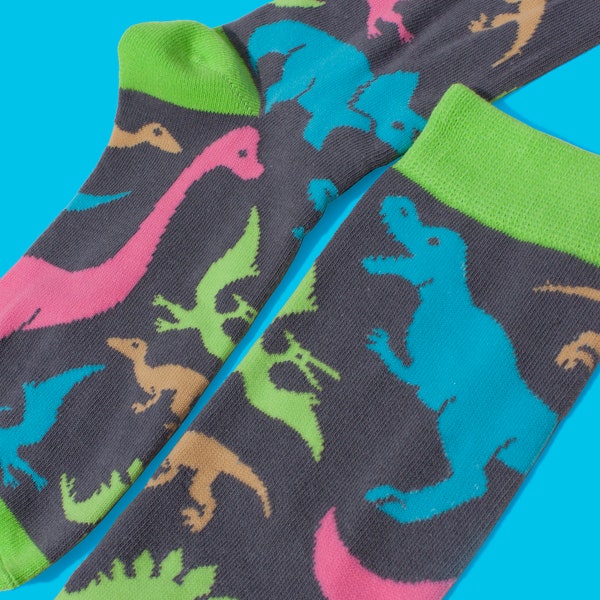 May include: A pair of grey socks with a colourful dinosaur print. The socks have green and blue trim.