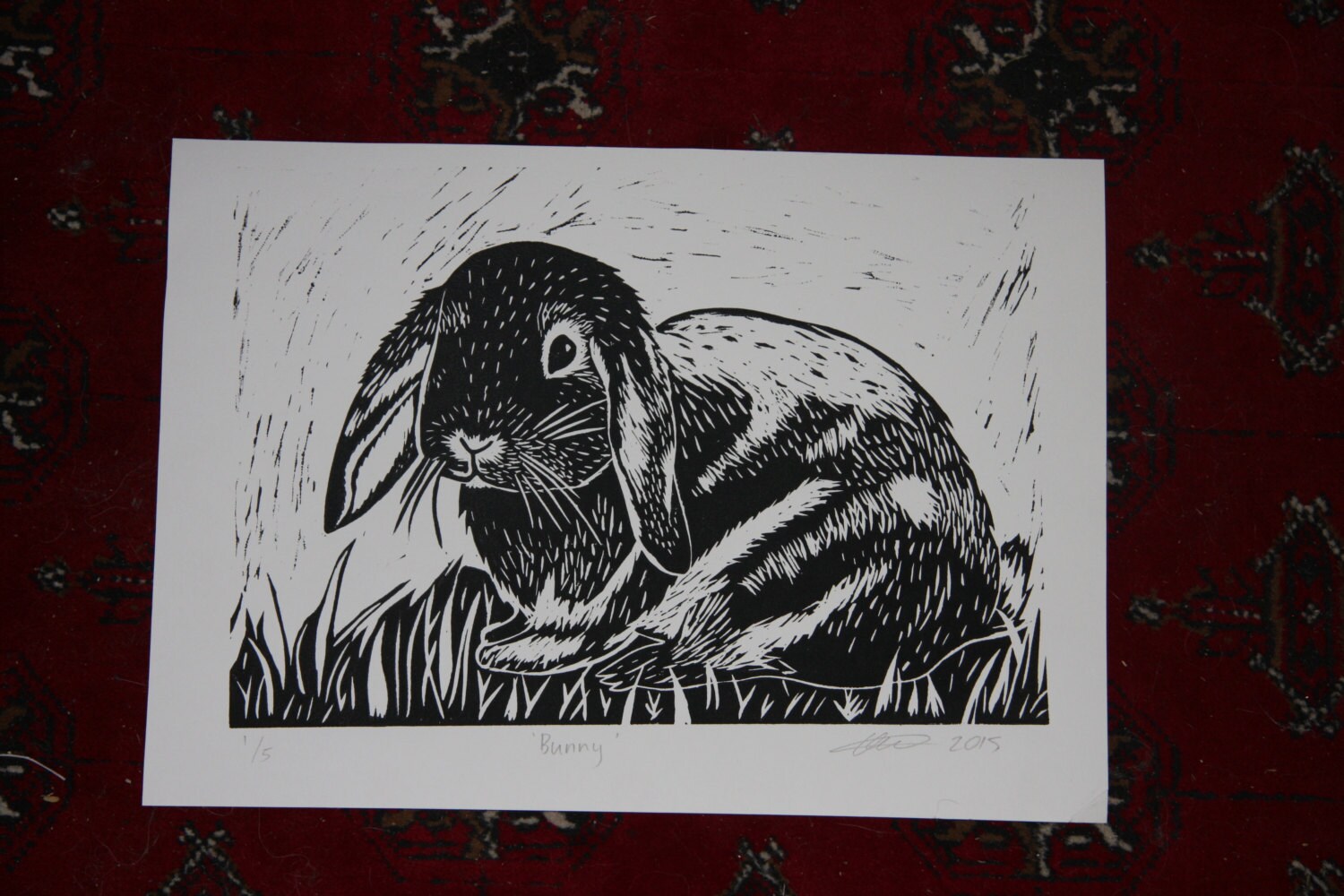 Bunny Rabbit Lino Cut Print handmade art gift Etsy