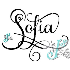 Puede incluir: Un diseño de fuente cursiva en blanco y negro del nombre "Sofia" con adornos decorativos.