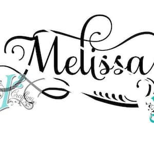 May include: A black and white cursive font design of the name "Melissa" with decorative flourishes.