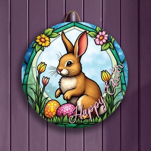 Happy Easter Door Hanger, Spring Wood Round Sign, Bunny Decorations