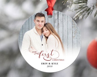 Our First Christmas Personalized Photo Ornament, Custom Couple Keepsake, Newlywed Gift, Engagement Present, Aluminum Tree Decoration