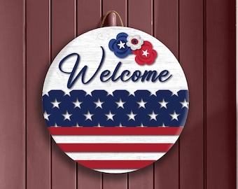 Patriotic Door Sign, Welcome Red White Blue, American Signage, Wood Hanging Decoration