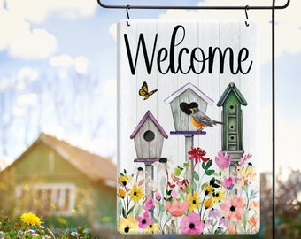 Birdhouse Sign, Garden Metal Sign, Butterfly Flag, Flowers Welcome Metal Sign, Metal Flag Sign, Home Garden Sign, Decorative Yard Flags