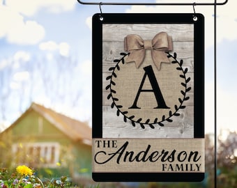 Personalized Monogram Family Garden Flag: Burlap Metal Sign