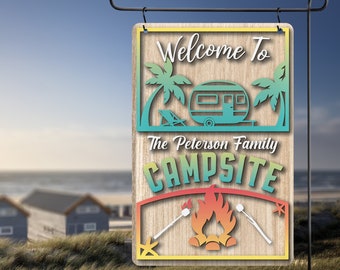 Personalized Beach Campsite Metal Garden Flag: Family Welcome Sign