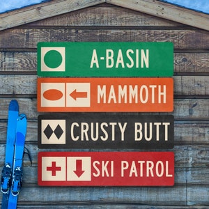 May include: Four colorful signs with white text on a wooden background. The signs read "A-Basin", "Mammoth", "Crust Butt", and "Ski Patrol".
