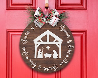 Letrero de madera para puerta con diseño de pesebre navideño: decoración invernal para el porche