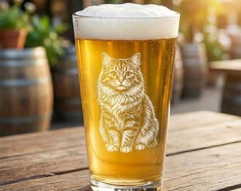 Custom Cat Portrait Pint Glass – Engraved Beer Glass for Cat Dad or Mom, Personalized Cat Lover Gift, Any Breed, 16oz Barware
