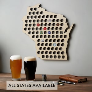 Wisconsin Beer Cap Map: Wooden Display, Holds 96 Caps