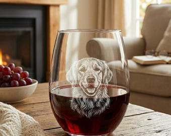 Custom Dog Portrait Stemless Wine Glass – Engraved Gift for Dog Mom, Personalized Wine Tumbler, Pet Memorial, Any Breed