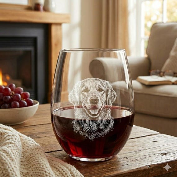 Custom Dog Portrait Stemless Wine Glass – Engraved Gift for Dog Mom, Personalized Wine Tumbler, Pet Memorial, Any Breed