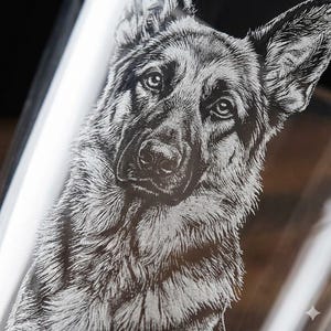 May include: A clear glass surface featuring a detailed, etched black and white illustration of a German Shepherd dog. The artwork captures the dog's face and chest with fine, textured lines, highlighting the ears, eyes, and fur pattern.