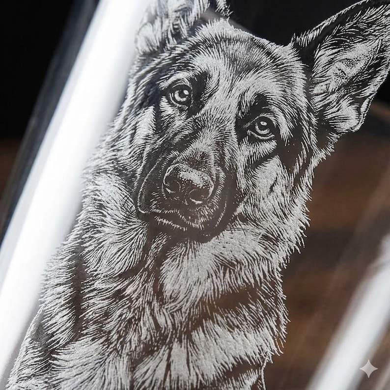 May include: A clear glass surface featuring a detailed, etched black and white illustration of a German Shepherd dog. The artwork captures the dog's face and chest with fine, textured lines, highlighting the ears, eyes, and fur pattern.