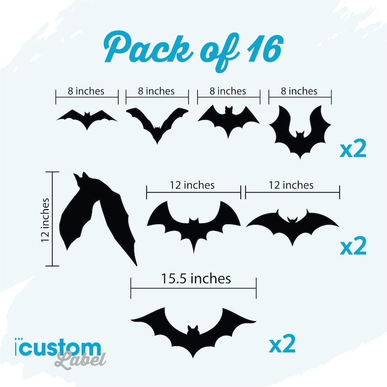 May include: A pack of 16 black bat cutouts in three sizes: 8 inches, 12 inches, and 15.5 inches. The bats are shown on a light blue background with the text "Pack of 16" and "iCustom Label" at the top and bottom of the image.