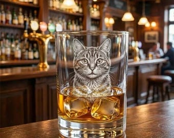 Custom Cat Whiskey Glass – Engraved Rocks Glass, Bourbon Scotch Lover Gift, Portrait Etching