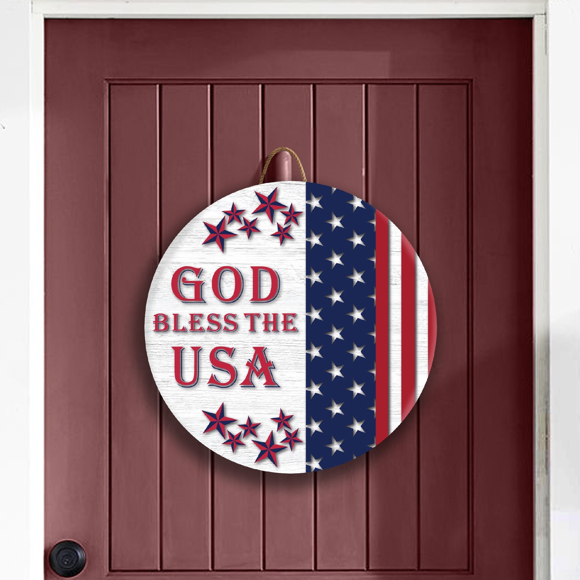 Patriotism Decor, God Bless USA, Patriotic Door Sign, Welcome Red White Blue, American Signage, Wood Hanging Decoration