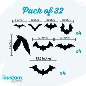 May include: A pack of 32 black bat cutouts in three sizes: 8 inches, 12 inches, and 15.5 inches. The bats are arranged in rows with their dimensions labelled.