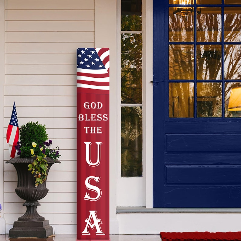 Independence Day Decorations, God Bless America, USA Porch Sign, Patriotic Decor, Welcome Leaner image 1