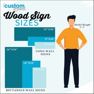 May include: Diagram showing different sizes of wood signs for walls. The signs are shown in various shades of blue and green. The sign sizes are listed in inches. The diagram also shows a person standing next to the signs to help visualize the size.
