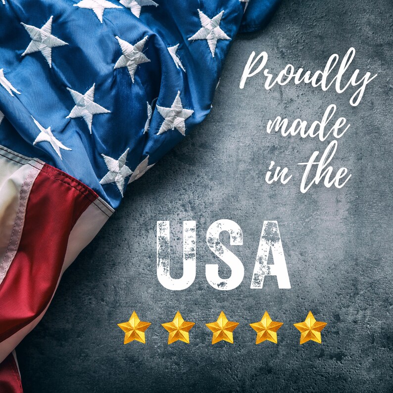 May include: A folded American flag with red and white stripes and blue stars against a gray background. The text "Proudly made in the USA" is written in white with a distressed look. Five gold stars are below the text.
