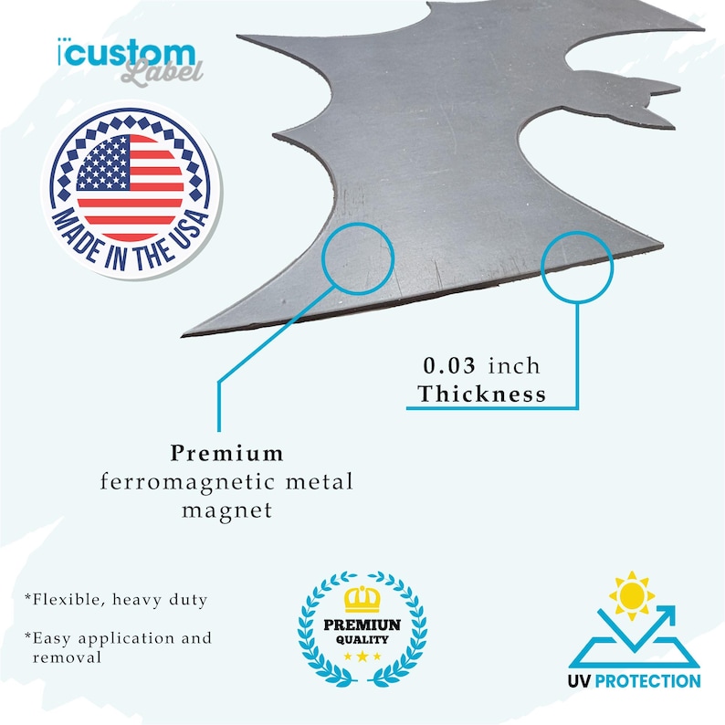 May include: A black bat-shaped metal sign with a 0.03 inch thickness. The sign is made of premium ferromagnetic metal with a magnet on the back. The sign is made in the USA and has UV protection. The sign also features a premium quality label.