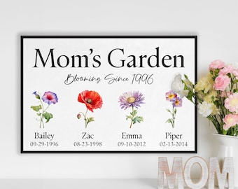 May include: A white sign with black text that reads "Mom's Garden Blooming Since 1996".  Four flowers are pictured with names and dates below each flower: Bailey 09-29-1996, Zac 08-23-1998, Emma 09-10-2012, Piper 02-13-2014.