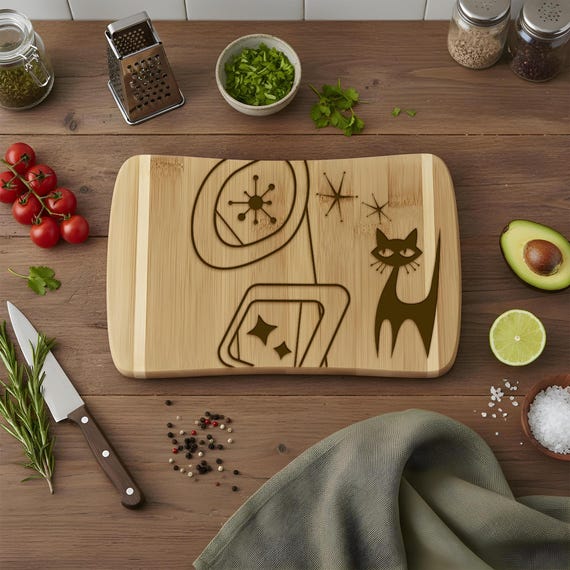 Atomic Cat Retro, Engraved Bamboo Cutting Board