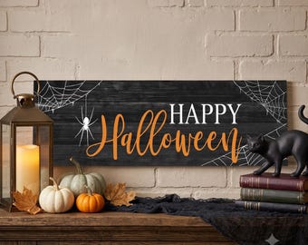 Happy Halloween Wood Sign, Fall Mantle Decor, Indoor Signage, Spider Decorations