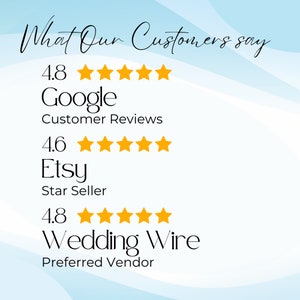 May include: Image showing customer reviews for a business. The reviews are from Google, Etsy, and Wedding Wire. The Google rating is 4.8 stars, the Etsy rating is 4.6 stars, and the Wedding Wire rating is 4.8 stars.