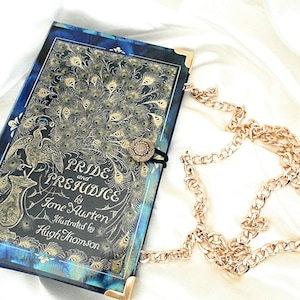 Bolso bandolera Orgullo y prejuicio, bolso de bolso de libro Jane Austen, azul, oro, bolso de portada de libro, bolso en forma de libro, regalo de novia