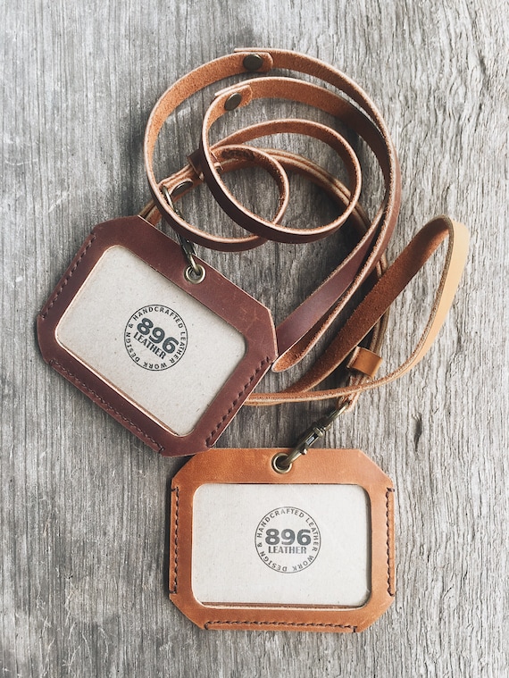 Leather ID Holder horizontal With Lanyard, Badge Holder, Name Card Holder,  ID Pass Holder 