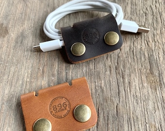 Handmade leather cable holder,Leather Cord, Cable Organizer, Headphone holder.(Pack of 2)
