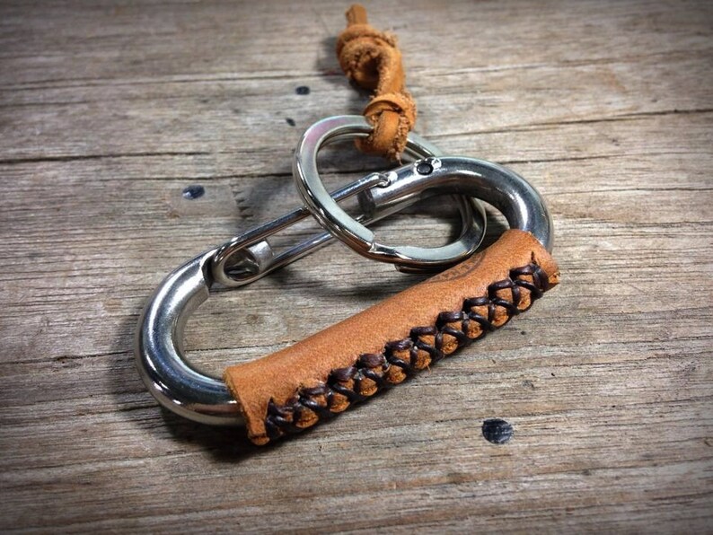 Stainless Steel Carabiner Leather Wrapped Keychain Key Ring Etsy