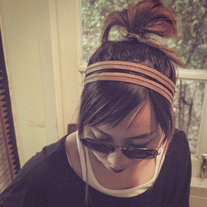 Hand stitched double strand Tan Oil leather headband,  leather hairband unisex style.