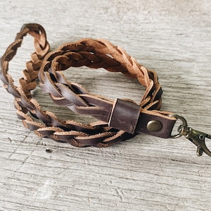 Tan/ Dark brown Oil Leather braided lanyard, Leather keychain, leather key strap, Leather Neck Strap , Neck Lanyard unisex style