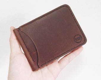 Cartera Money Clip de cuero Crazy Horse marrón oscuro, cartera de clip de dinero de cuero, clip de dinero