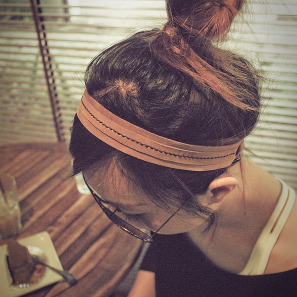 Hand stitched Tan Oil leather headband, leather hairband unisex style.