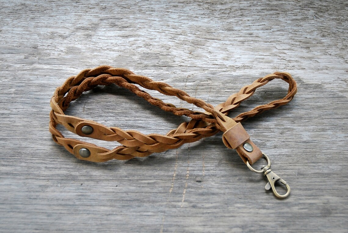 Tan Oil Leather braided lanyard Leather keychain leather key Etsy