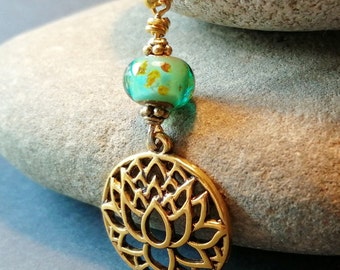 Lotus Flower Necklace on Heart Chain Green Art Glass Bead - Handmade in Ireland