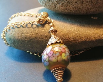 Lampwork Art Glass Pendant Necklace - Green and Mustard with Multicoloured Speckles - Gold Tone Chain - Handmade in Ireland