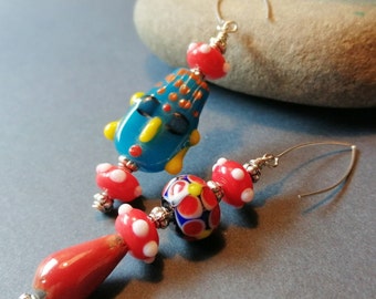 Artisan Mismatched Statement Earrings with Man's Head in a Fez - Red/Blue Glass Art Beads - Sterling Silver Ear Wires