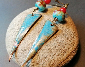 Blue Enamel Talon Statement Earrings with Art Glass Beads - Rustic/Brutalist - Blue/Red/Bronze - Handmade in Ireland